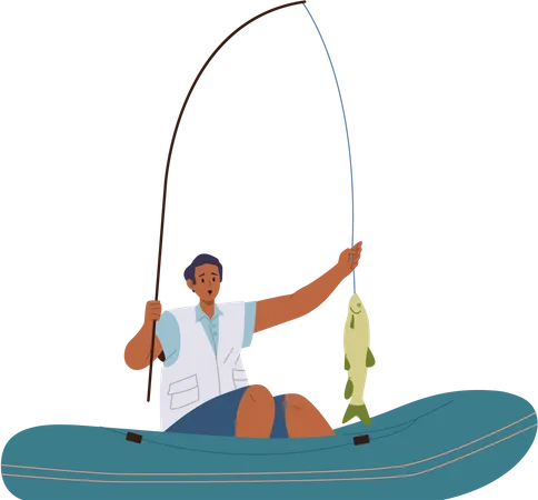 Young shocked fisher man catching fish on rod while fishing in boat  Illustration