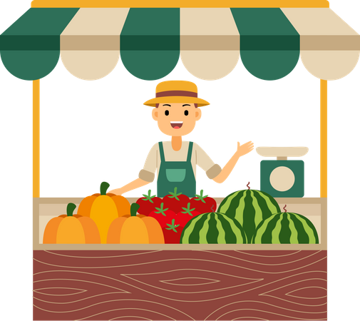 Young shopkeeper selling fresh fruits  Illustration