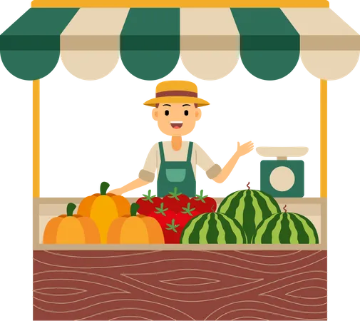 Young shopkeeper selling fresh fruits  Illustration