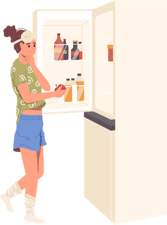 Young slim woman choosing healthy snack looking at opened kitchen refrigerator  イラスト