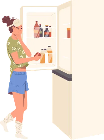 Young Slim Woman Cartoon Character Choosing Healthy Snack Looking At Apple Standing Front Of Opened Kitchen Refrigerator Door Vector Illustration Vegetarian And Diet Sports Nutrition And Weight Loss Illustration