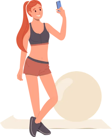 Young slim woman with perfect figure taking selfie shot by phone camera after training with fit ball  Illustration