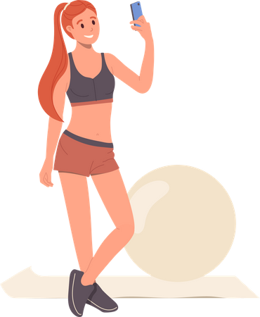 Young slim woman with perfect figure taking selfie shot by phone camera after training with fit ball  Illustration