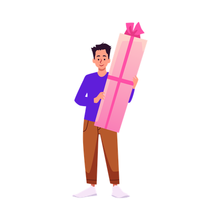 Young smiling boy holding big gift box with pink ribbon and bow  Illustration