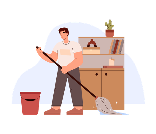 Young smiling boy mop floor  Illustration