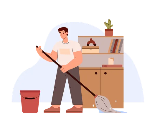 Young smiling boy mop floor  Illustration