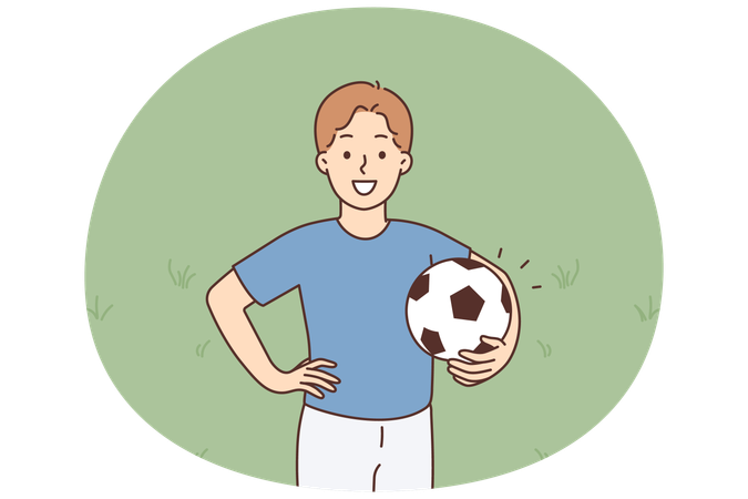 Young smiling boy stands holding  soccer ball  Illustration