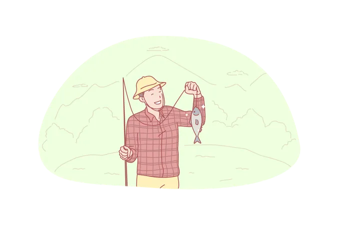 Fisherman Fishing Catch Hobby Concept Young Smiling Fisherman Caught Big Fish From Pond Or River On Vacation Happy Satisfied Boy Angler Hold Fishing Rod With Catch On It Simple Flat Vector Illustration