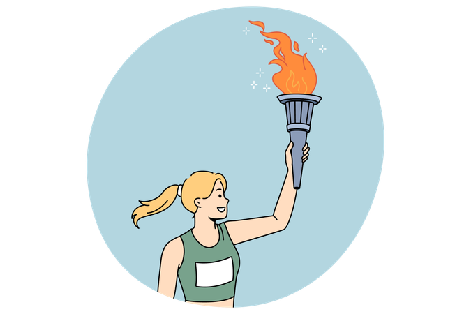 Young smiling girl athlete in sportswear holding olympic torch in raised hand  Illustration