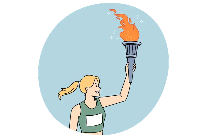 Young smiling girl athlete in sportswear holding olympic torch in raised hand  Illustration