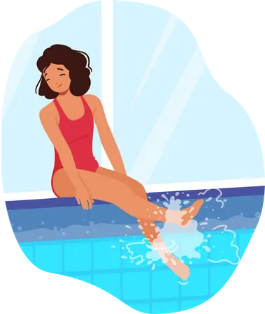 Young Smiling Girl Sitting On The Edge Of A Sparkling Pool Ready To Dive In Child Character Splashing With Legs In Clear Water Having Fun And Relaxed Sparetime Cartoon People Vector Illustration Illustration