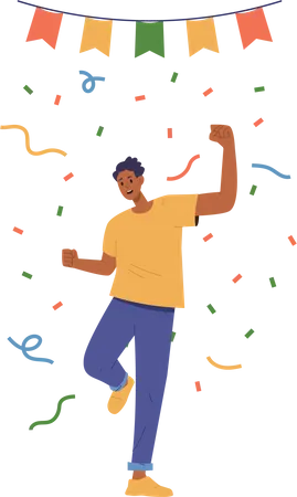 Young Smiling Laughing Man Character Cheering Celebrating Partying Standing Under Colorful Confetti With Clenched Fist Vector Illustration Isolated On White Background Victory And Success Concept Illustration