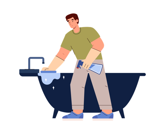 Young smiling man in gloves washing bath  Illustration