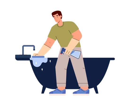 Young smiling man in gloves washing bath  Illustration