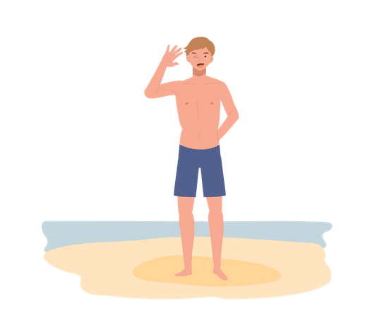 Young smiling man in swim suit on the beach Illustration