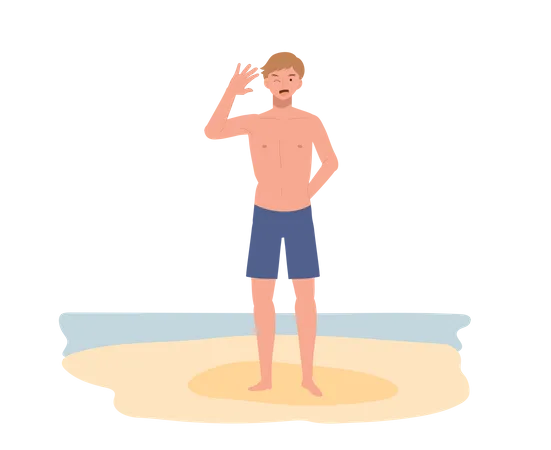 Young smiling man in swim suit on the beach Illustration