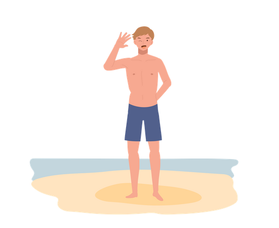 Young smiling man in swim suit on the beach  Illustration