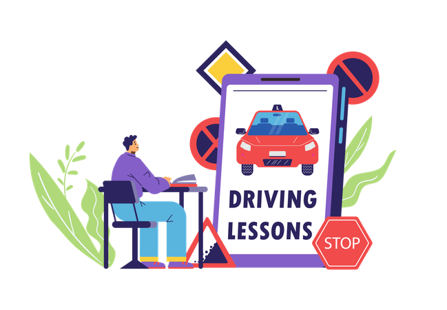 Young smiling man sitting at desk while giving driving test  Illustration