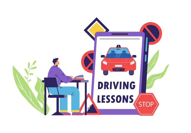 Young smiling man sitting at desk while giving driving test  Illustration