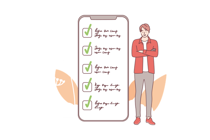 Young smiling man standing near smartphone screen with completed tasks and duties  Illustration