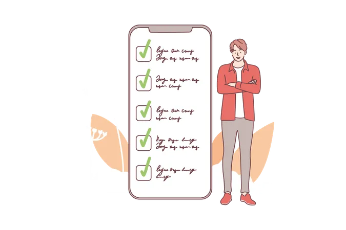 Successful Task Completion And Time Management Concept Young Smiling Man Cartoon Character Standing Near Smartphone Screen Interface With Completed Tasks And Duties Vector Illustration Illustration