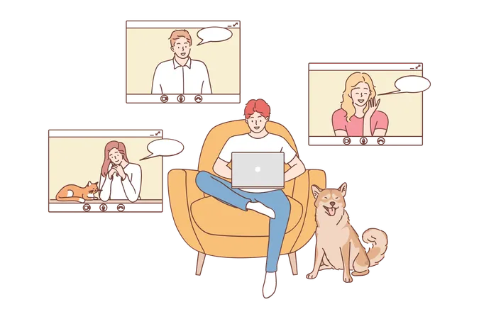 Young smiling people having video call in home office  Illustration