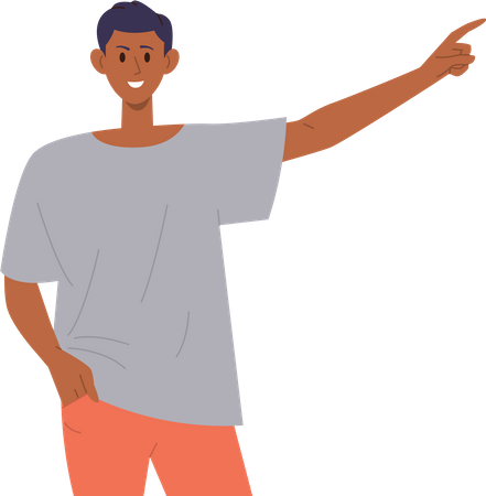 Young smiling positively teenager guy pointing with forefinger to left  Illustration