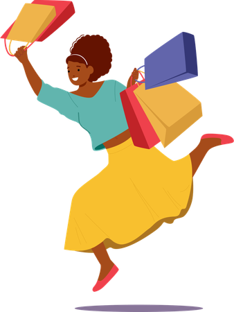 Young smiling stylish woman shopaholic  running fast with shopping bags rushing for sales  Illustration