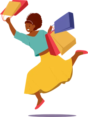 Young smiling stylish woman shopaholic  running fast with shopping bags rushing for sales  Illustration