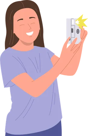 Young smiling teenage girl making photo by digital camera  Illustration