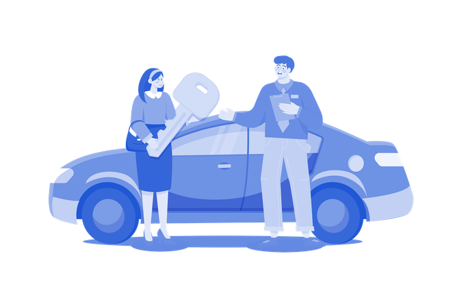 Young Smiling Woman Getting Key To A New Car  イラスト