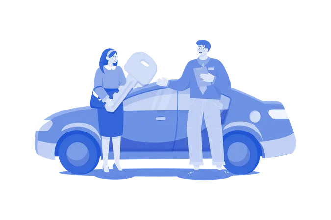Young Smiling Woman Getting Key To A New Car  イラスト