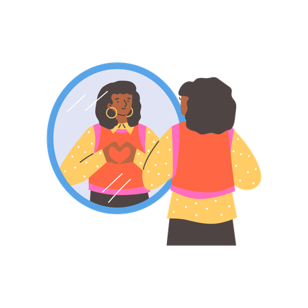 Young smiling woman looking in mirror while watching reflection heart sign with fingers  Illustration