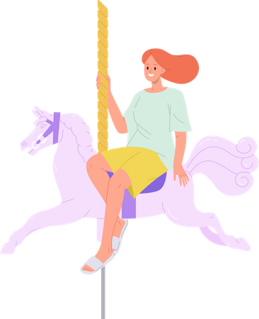 Young smiling woman riding horse carousel  Illustration