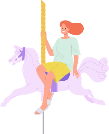 Young smiling woman riding horse carousel  Illustration