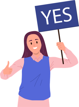 Young smiling woman   showing yes approval placard gesturing thumbsup  Illustration