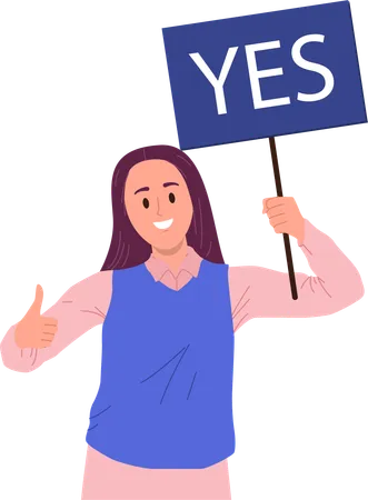 Young smiling woman   showing yes approval placard gesturing thumbsup  Illustration