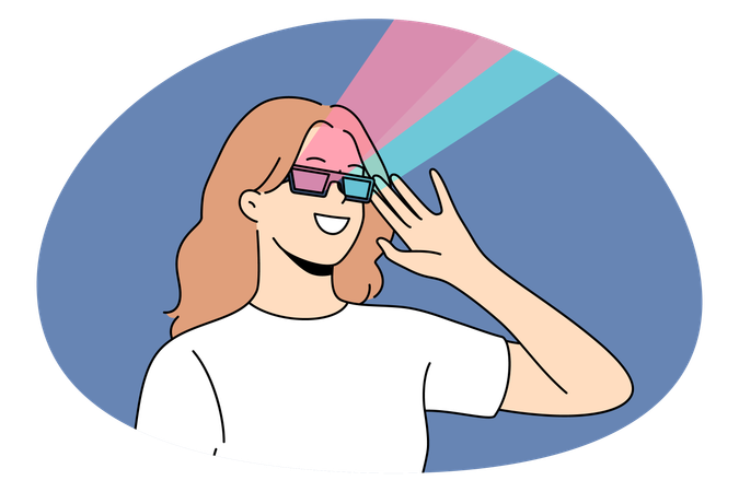 Young smiling woman wearing 3d special glasses watching movie  Illustration