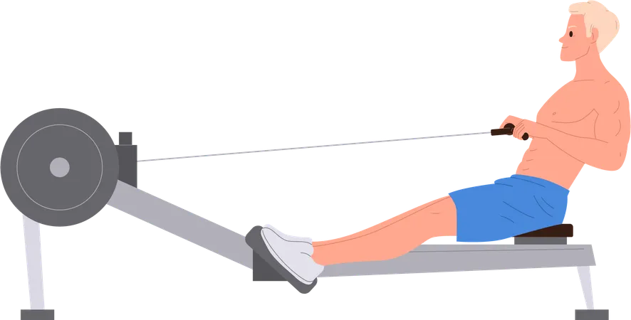 Young sportsman doing cardio fitness exercise using rowing machine  Illustration