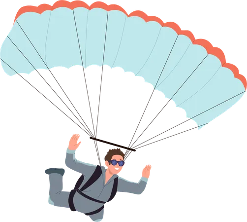 Young Joyful Sportsman Cartoon Character Enjoying Skydiving Extreme Sports Hobby Activity Vector Illustration Active Man In Protective Suit Flying With Parachute Isolated On White Background Illustration