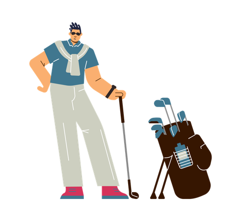 Young sportsman posing with club and playing golf equipment  Illustration