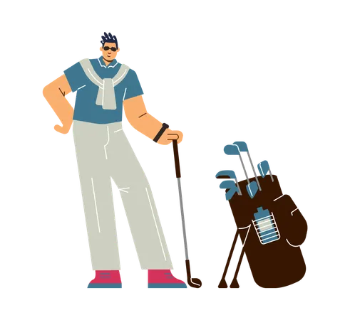 Young sportsman posing with club and playing golf equipment  Illustration