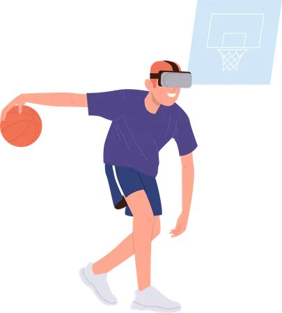 Young Sportsman Cartoon Character Wearing VR Headsets Playing Basketball Game Simulation In Augment Reality Cyberspace Vector Illustration Isolated On White Background Metaverse And Sport Hobby Illustration