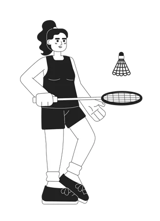 Young Sportswoman Playing Badminton Monochromatic Flat Vector Character Female Athlete Hitting Shuttlecock Editable Thin Line Full Body Person On White Simple Bw Cartoon Spot Image For Web Design Illustration