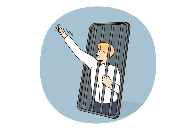 Young stressed businessman trying to get freedom from smartphone cell feeling slave  Illustration
