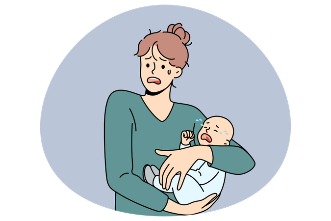 Young stressed woman mother holding her crying infant baby on hands feeling nervous frustrated postpartum depression  Illustration
