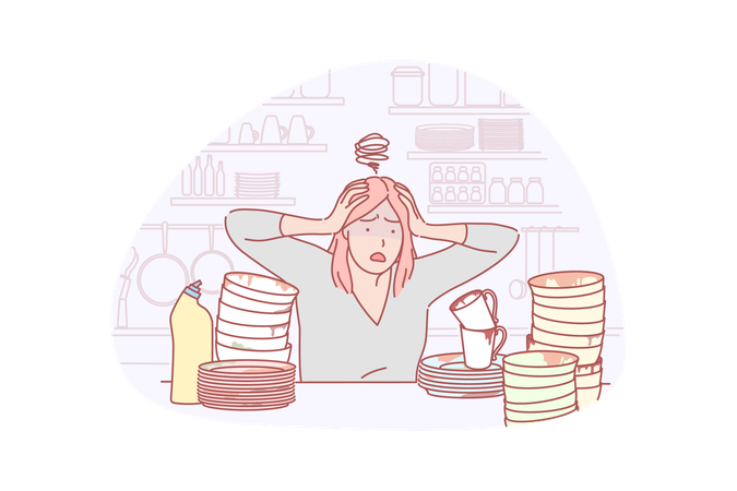 Young stressful housewife shocked by many dirty dish on table in kitchen  Illustration
