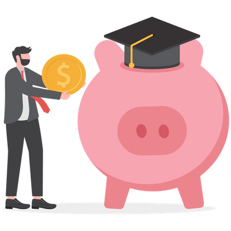Young student and piggy bank wearing university graduation hat  Illustration
