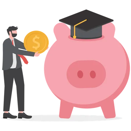 Education Fund Cost And Expense In Books Course Study Saving Money To Achieve Degree And Graduation Concept Young Student Andpiggy Bank Wearing University Graduation Hat Illustration
