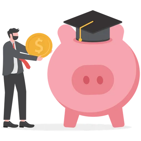 Young student and piggy bank wearing university graduation hat  Illustration